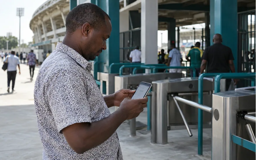 Man checking a phone beside stadium turnstiles
