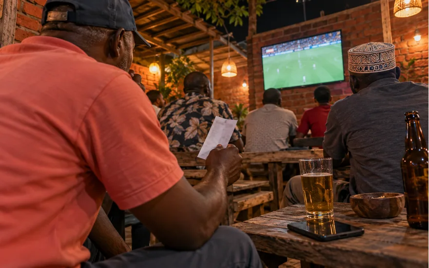 Adults watching a football broadcast in a brick courtyard